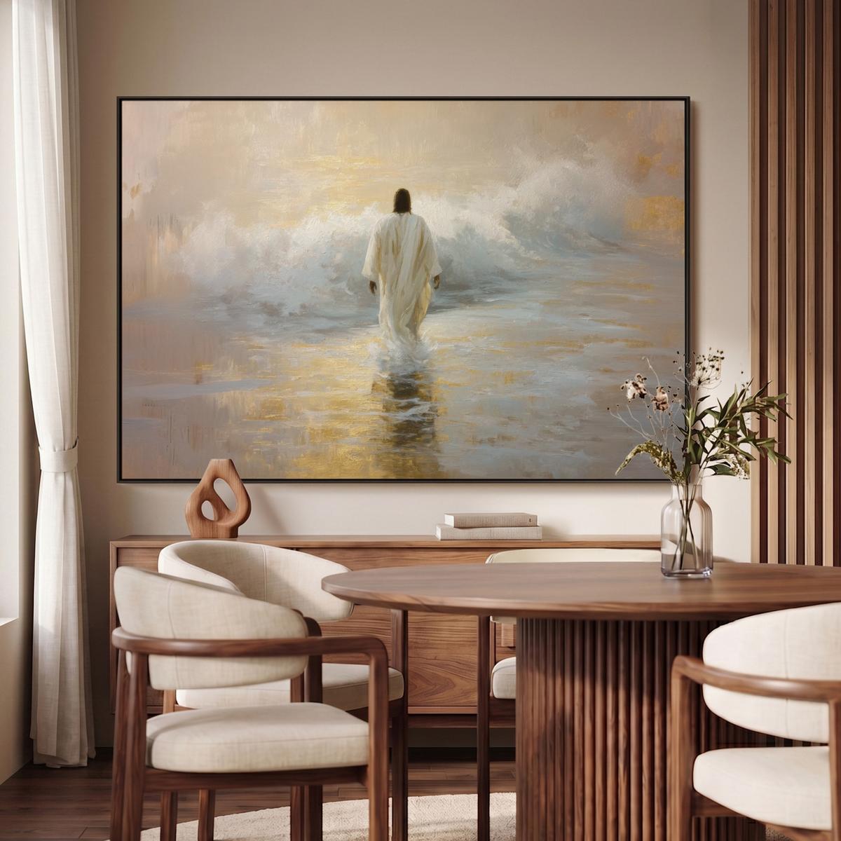 LEINWAND Bilder mit Rahmen - Gemälde - Welle - Jesus - Abstrakt - 120x80 - Goldfarben, Textil (120/80cm) - MuchoWow