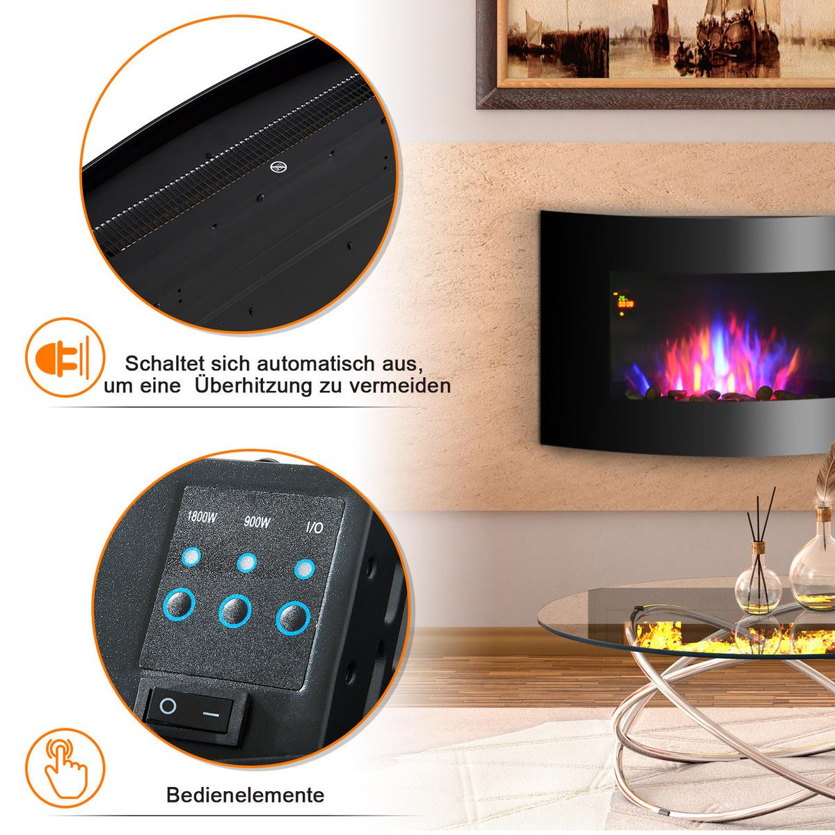 ELEKTROKAMIN, 2 Leistungsstufen einstellbar, 900/1800 W LED, Edelstahl, Schwarz - Schwarz, Metall (11.4/52/65cm) - HOMCOM