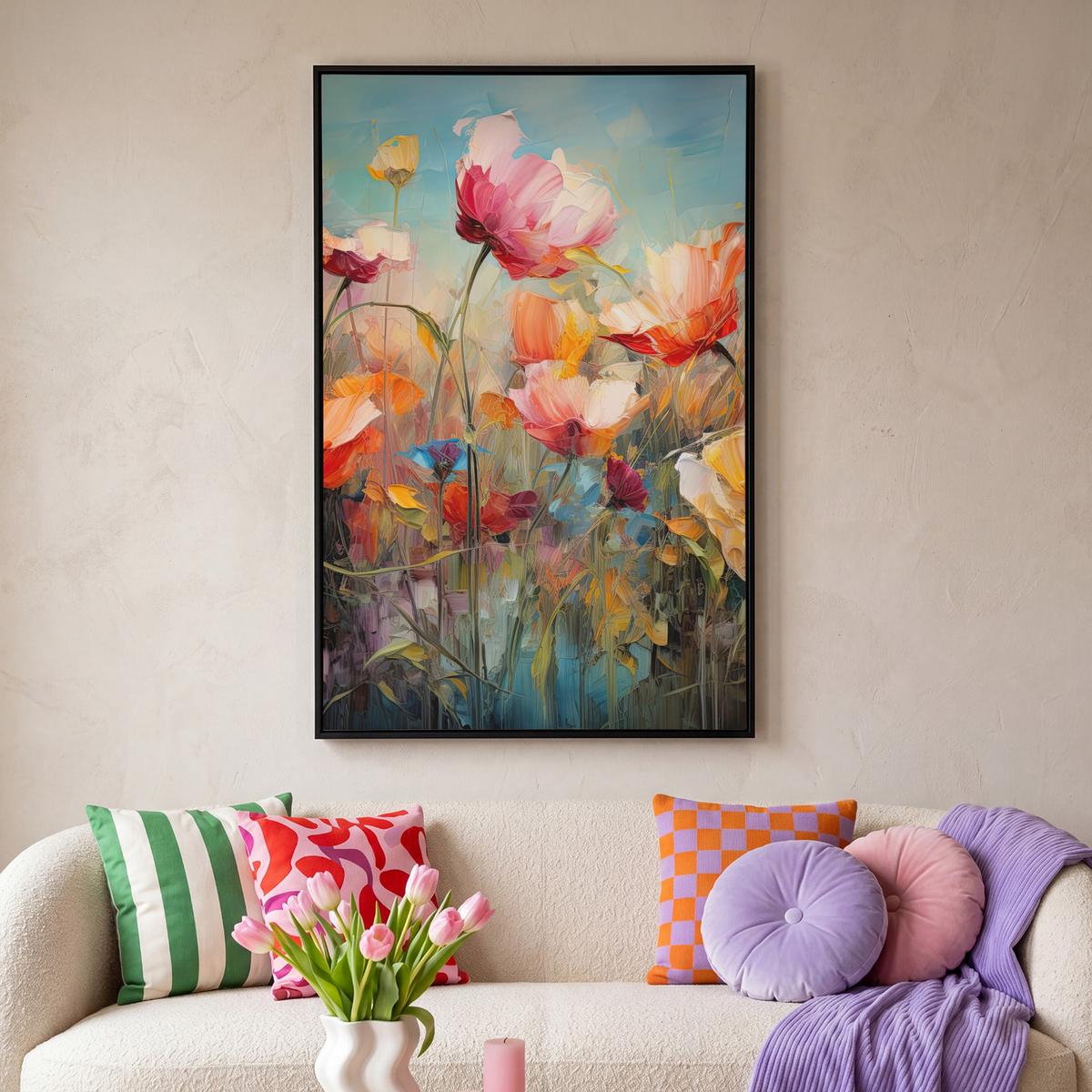 LEINWAND Bilder mit Rahmen - Blumen - Aquarell - Kunst - Botanisch - Natur - 80x120 - Orange, Textil (80/120cm) - MuchoWow