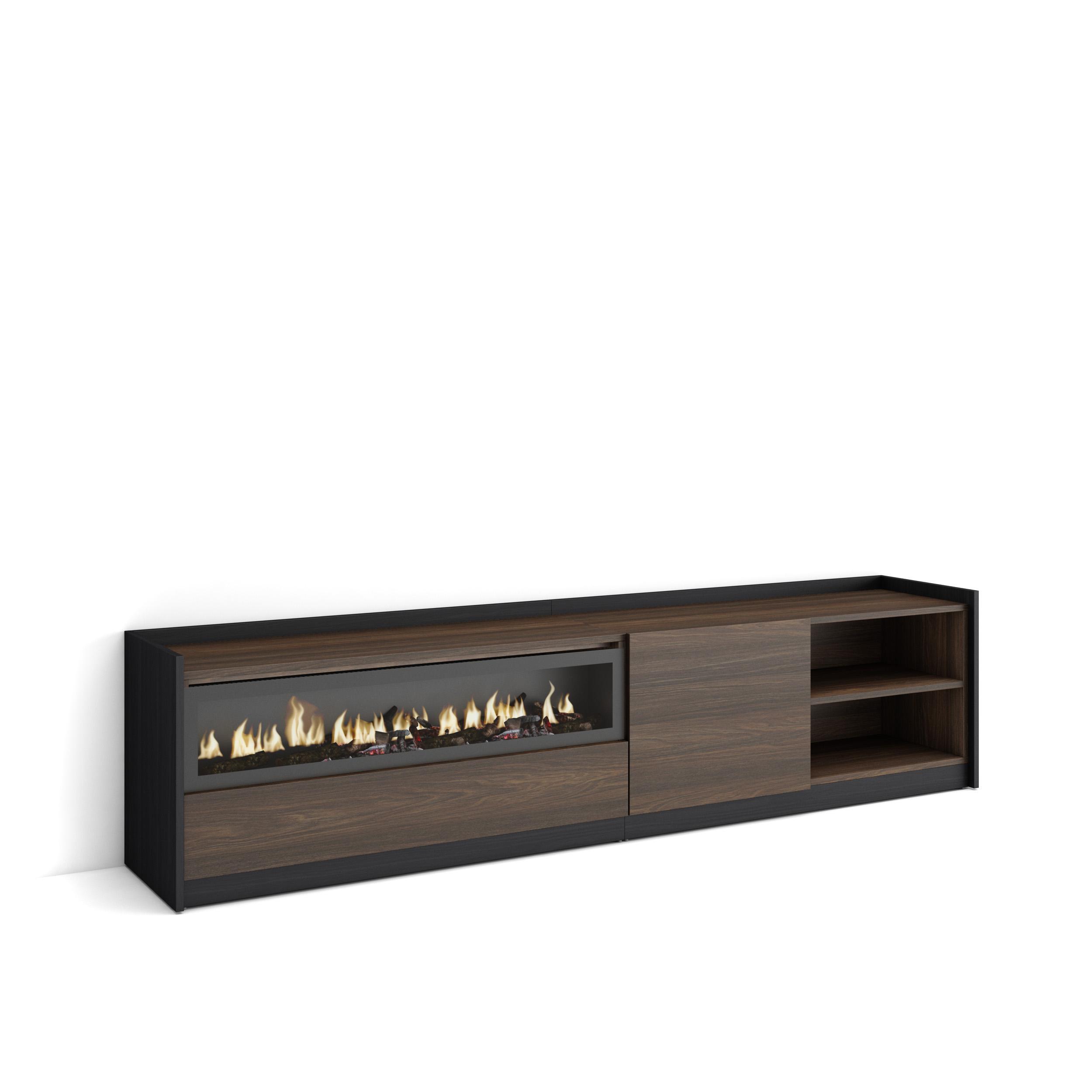 LOWBOARD, Dunkler Eiche und Schwarz, Elektrokamin, 207/37/50cm - Hellbraun, Holzwerkstoff (207/50/37cm) - Skraut Home