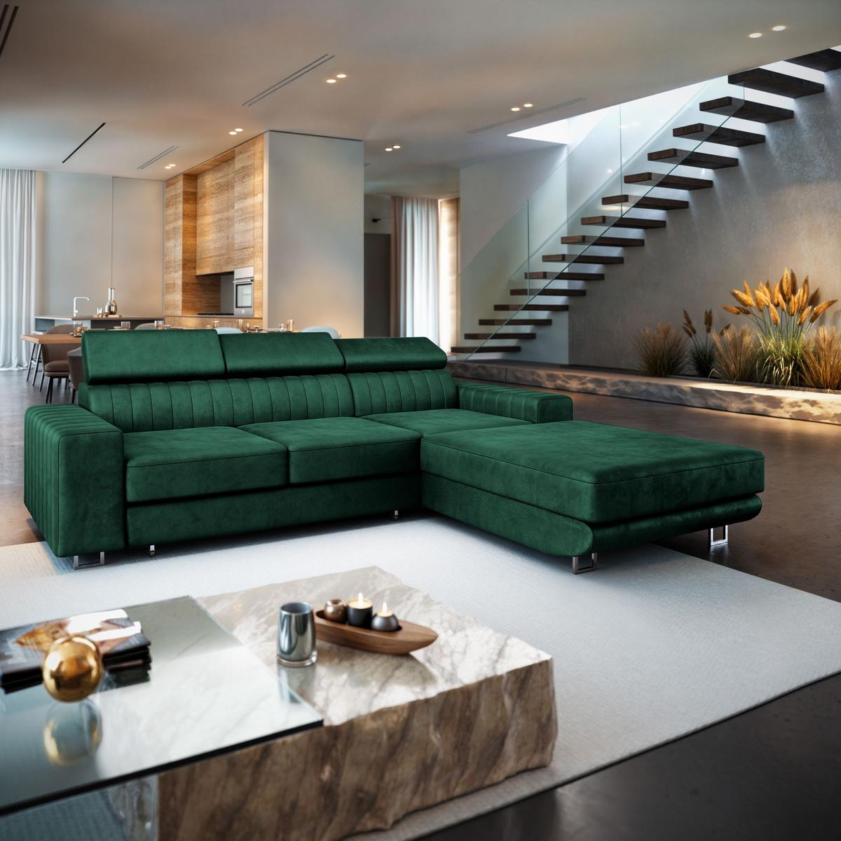 ECKSOFA NOTO R-S Grün Velours-Stoff mit Schlaffunktion - Silberfarben/Grün, Holz/Textil (267/190cm) - MASSENO