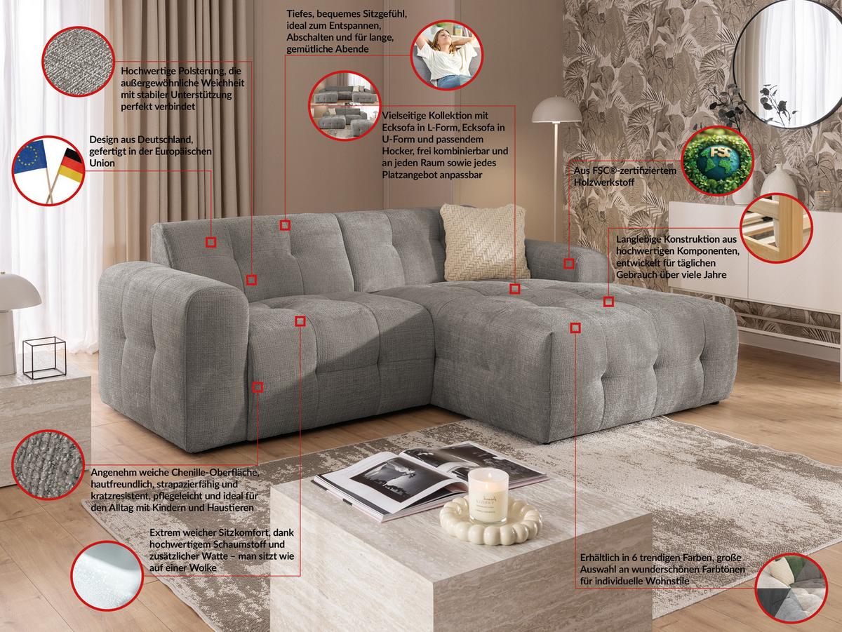 ECKSOFA Kozy im Bumpy-Design mit fester Rückenlehne aus weichem Taupe Chenille-Stoff - Ottomane rechts - Taupe/Schwarz, Holz/Kunststoff (234/161cm) - S-Style Möbel