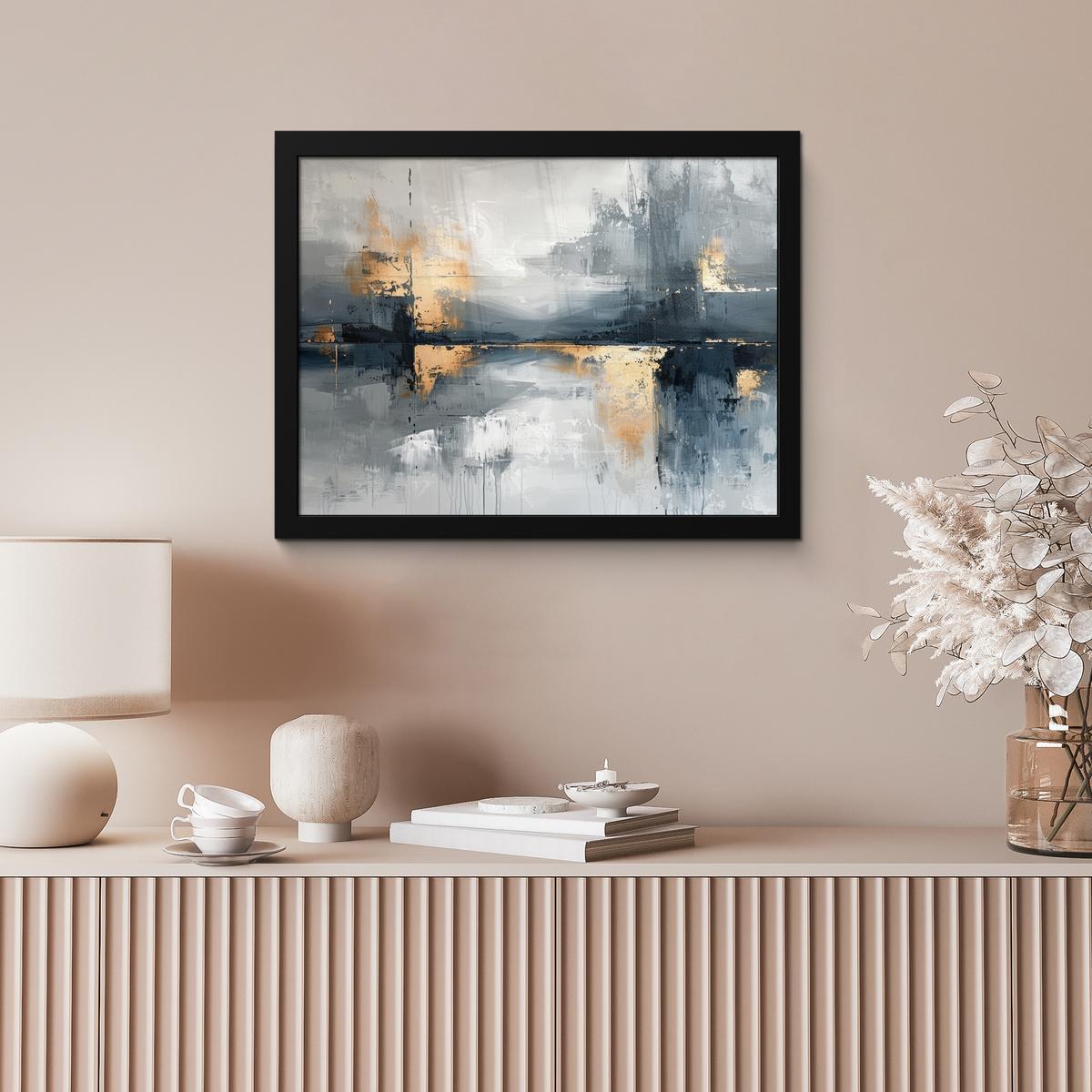 POSTER MIT RAHMENGERAHMTES BILD Kunst - Grau - Gold - Abstrakt 40x30 cm - Dunkelgrau, Papier (40/30cm) - MuchoWow