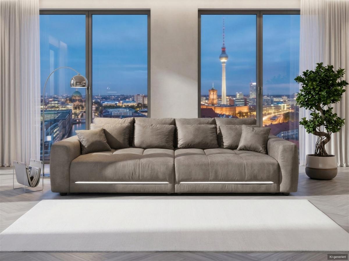 BIG-SOFA Federkern B294/T136/H86 cm, RGB-LED-Beleuchtung mit Fernbedienung, Mikrofaserstoff in Hellgrau / 15416 - Hellgrau/Schwarz, Kunststoff/Textil (294/86/136cm) - luma-home