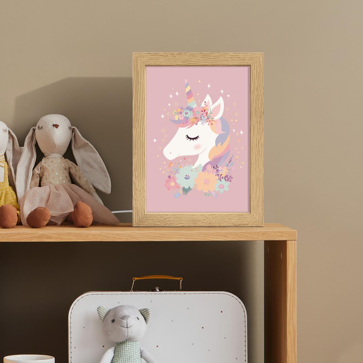 NACHTTISCHLAMPE Einhorn - Rosa - Blumen 15x20 cm - Rosa, Holzwerkstoff (8/15/20cm) - OnlyWow