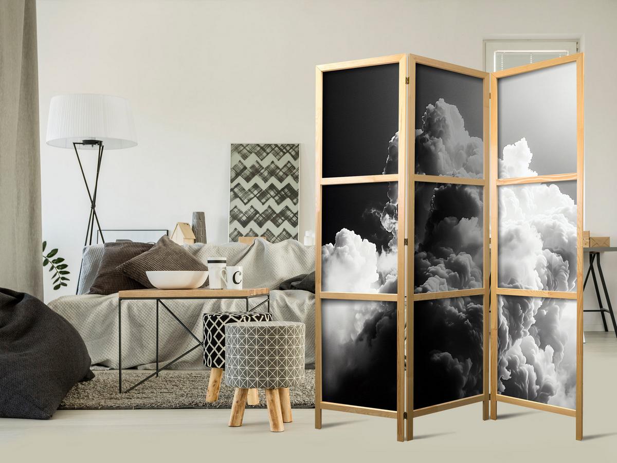 PARAVENT Japanischer 3-tlg 135x172 cm Schwarz-Wei e Wolken - Grau, Holz/Textil (135/172/3cm) - Muralo