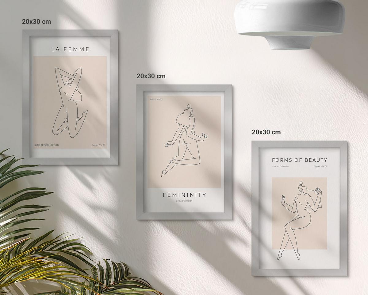 BILDER SET 3er Set - 20x30 cm Silberner Rahmen - Poster mit minimalistischen Frauensilhouetten - Silberfarben, Kunststoff (20/30cm) - TULUP