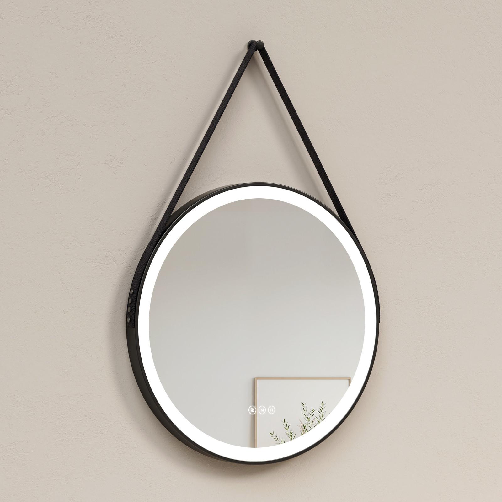 BADSPIEGEL mit Touch-Schalter Beleuchtung mit Hängeriemen Schwarz Ø 70 cm - Schwarz, Glas (70/70/3.5cm) - EMKE