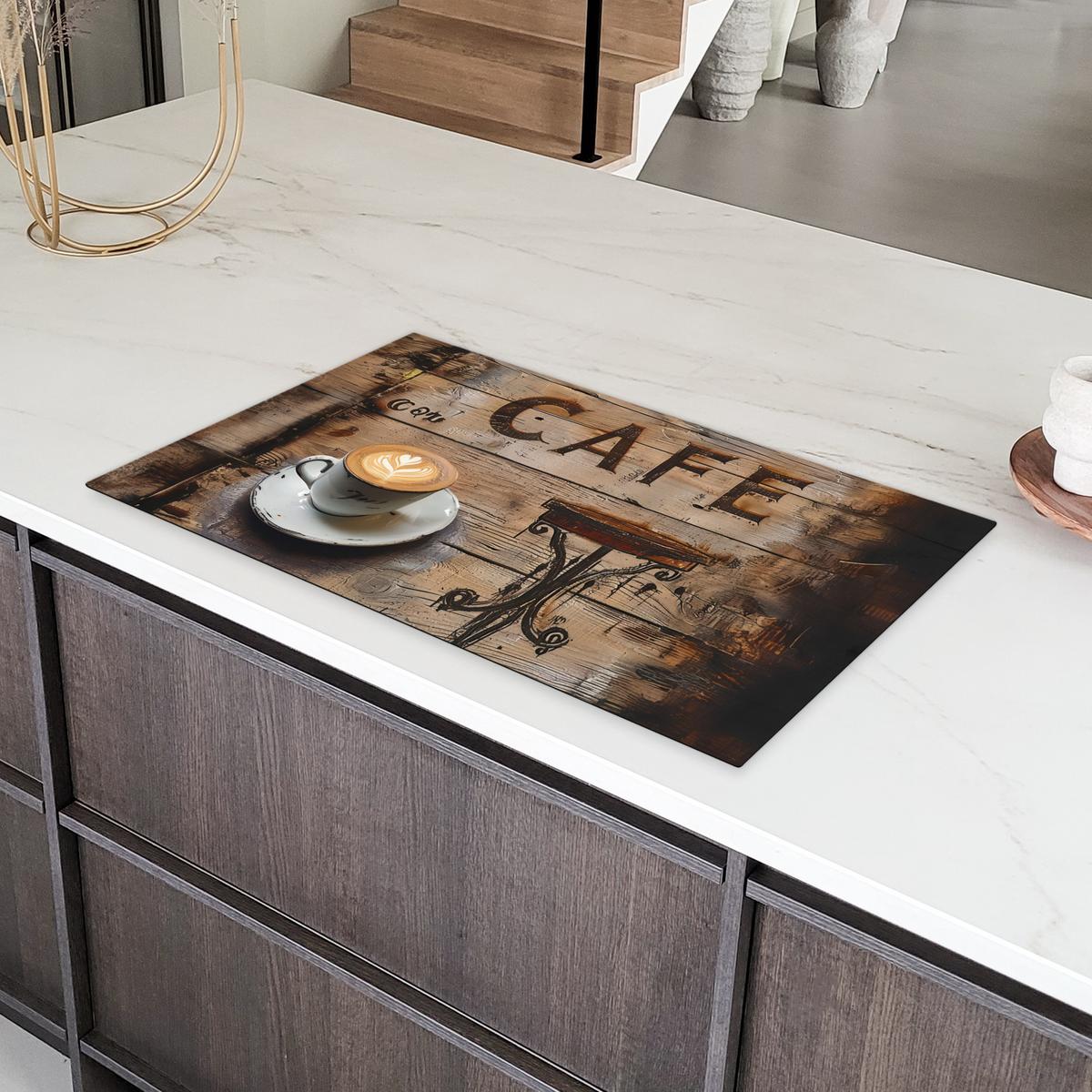 HERDABDECKPLATTE Cafe - Holz - Kaffee - Regale Ceranfeldabdeckung 90x52 cm - Schwarz, Kunststoff (90/52/0.2cm) - MuchoWow