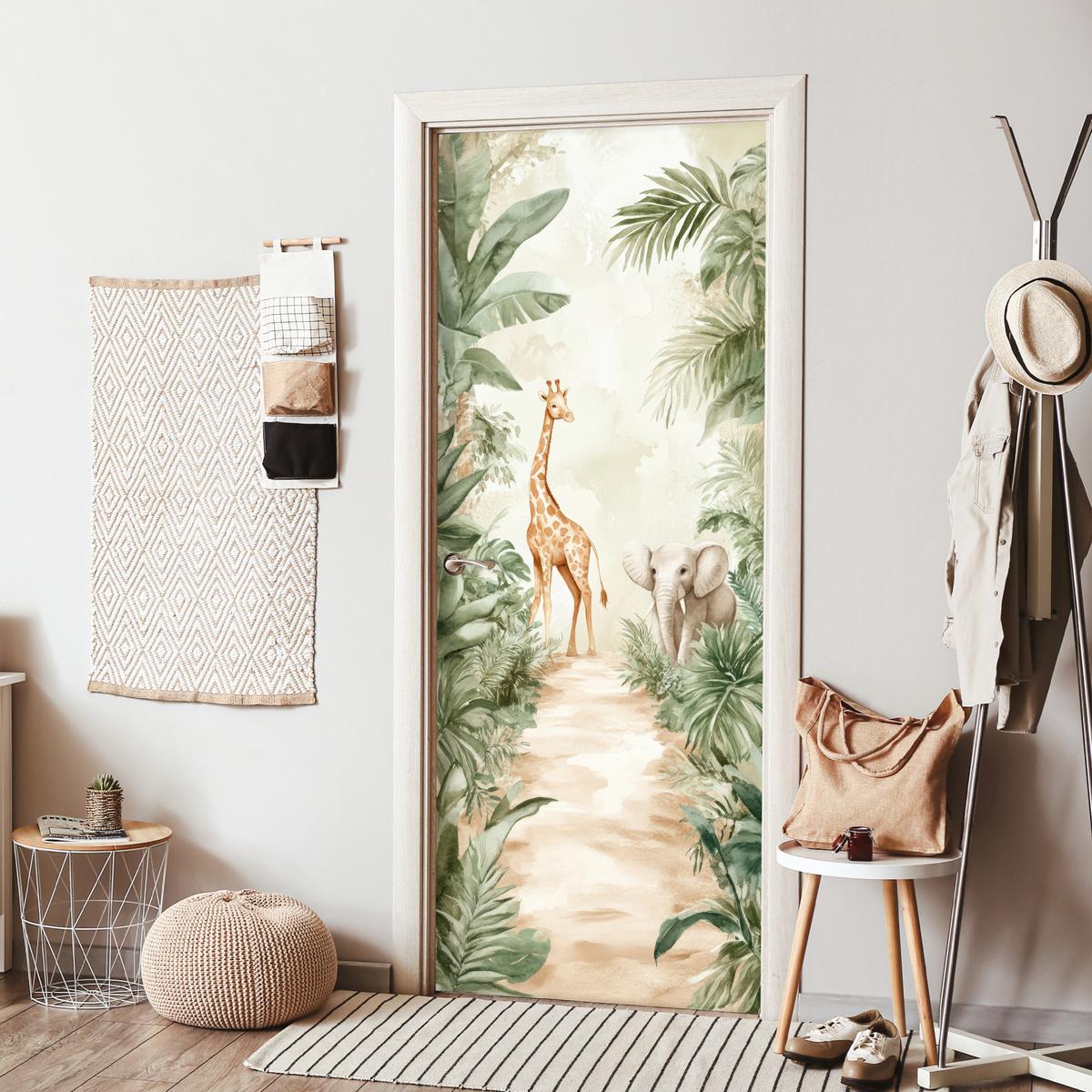 TÜRAUFKLEBER Dschungel - Giraffe - Elefant - Grün - Natur 80x215 cm - Türtapete - Eukalyptusholzfarben, Kunststoff (80/0.1cm) - MuchoWow