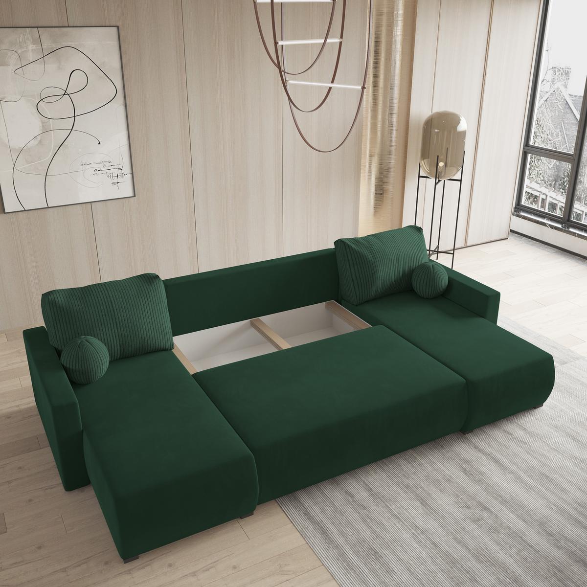 WOHNLANDSCHAFT TESSUN Grün Plüsch-Stoff mit Schlaffunktion - Grün, Holz (286/85/143cm) - MASSENO