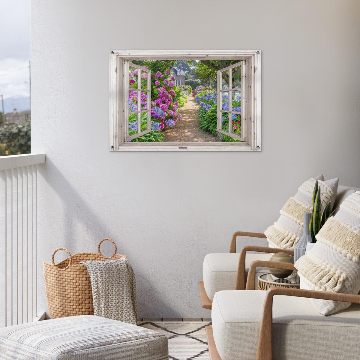 GARTENPOSTER Hortensie - Durchsichtig - Blumen - Sommer - Lila - Weg Gartendeko 90x60 cm - Grün, Kunststoff (90/60/0.2cm) - OnlyWow