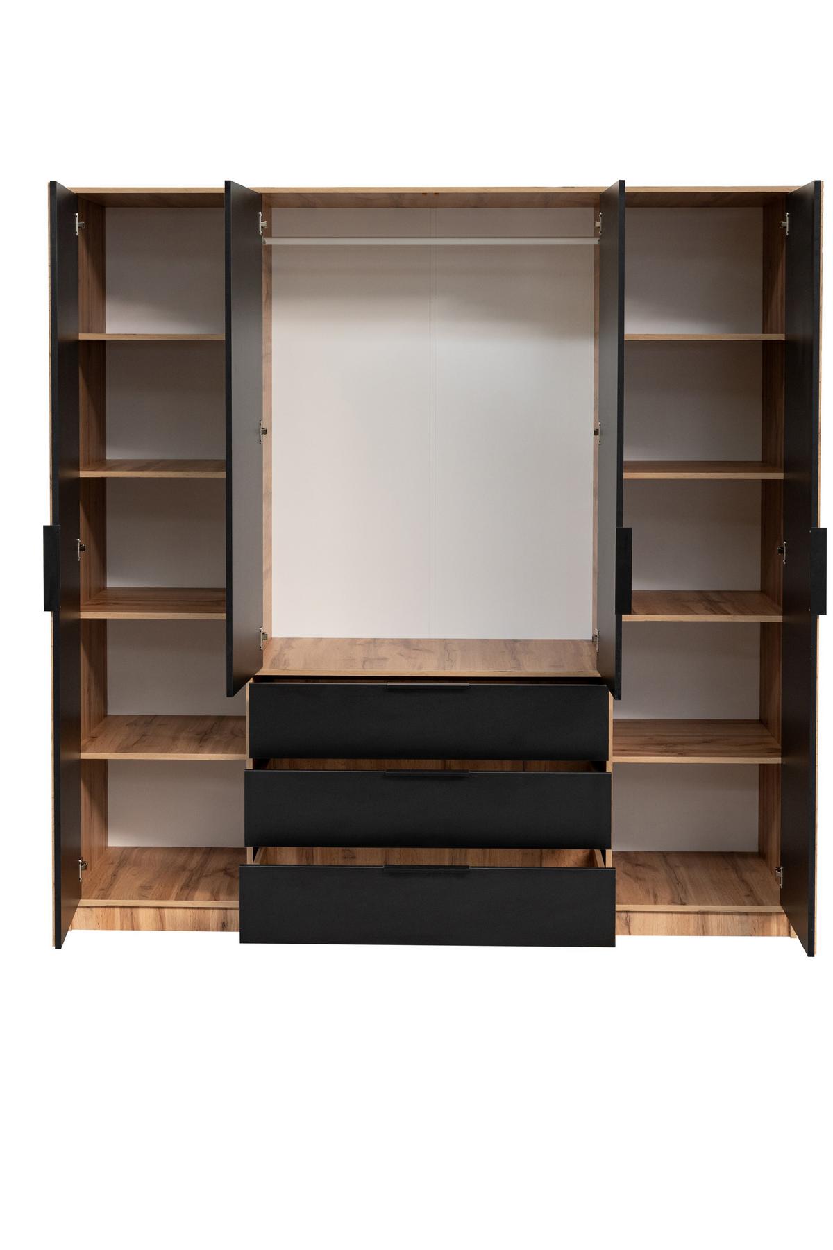 DREHTÜRENSCHRANK GAREN 196/200/57,5 cm 4-türig mit Spiegel Eiche Wotan - Eiche Wotan/Schwarz, Holzwerkstoff (196/200/57.5cm) - MASSENO