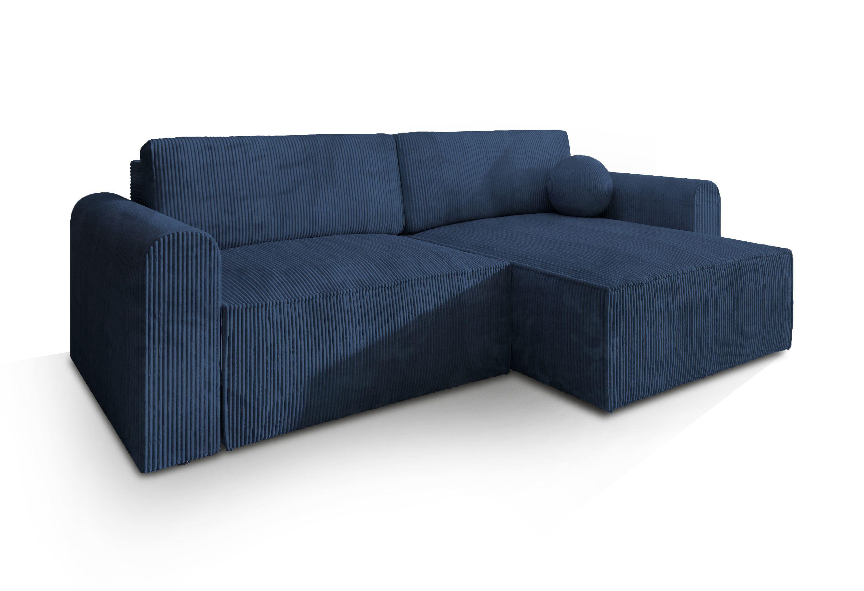 ECKSOFA FIANO P Blau Kordstoff mit Schlaffunktion - Blau/Grau, Holz/Kunststoff (245/148cm) - MASSENO