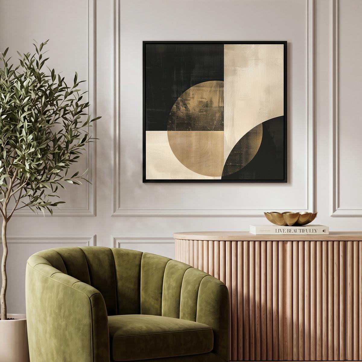 LEINWAND Bilder mit Rahmen - Abstrakt - Geometrische Formen - Schwarz - Gold - 50x50 - Ecru, Textil (50/50cm) - MuchoWow