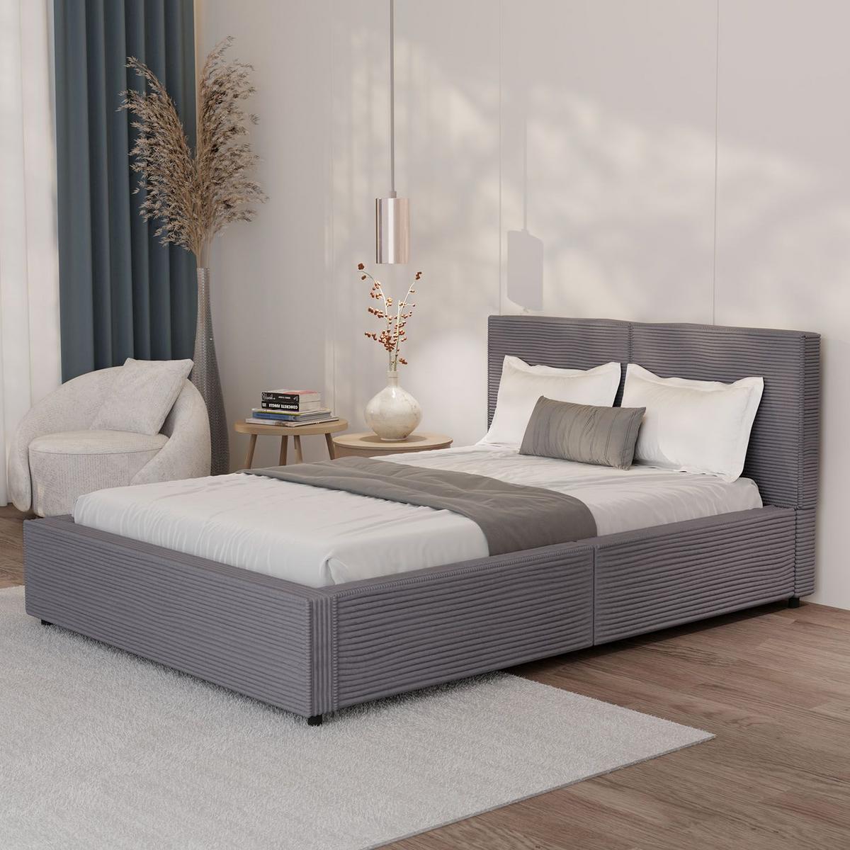 POLSTERBETT Salerno Cord grau 140x200 cm - Grau, Textil (140/200cm) - Juskys