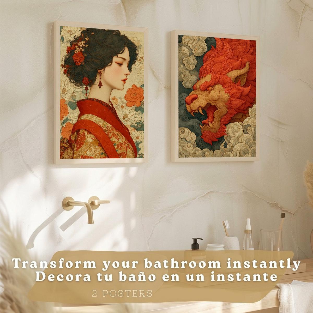 POSTER 2er-Set dekorative Badezimmer-Kunstdrucke, im japanischen Stil für Wand, Waschbecken, Toilette mit orientalischem Drachen und Frau Rahmenlos A3 - Klar, Papier (42/29.7/3cm) - Nacnic
