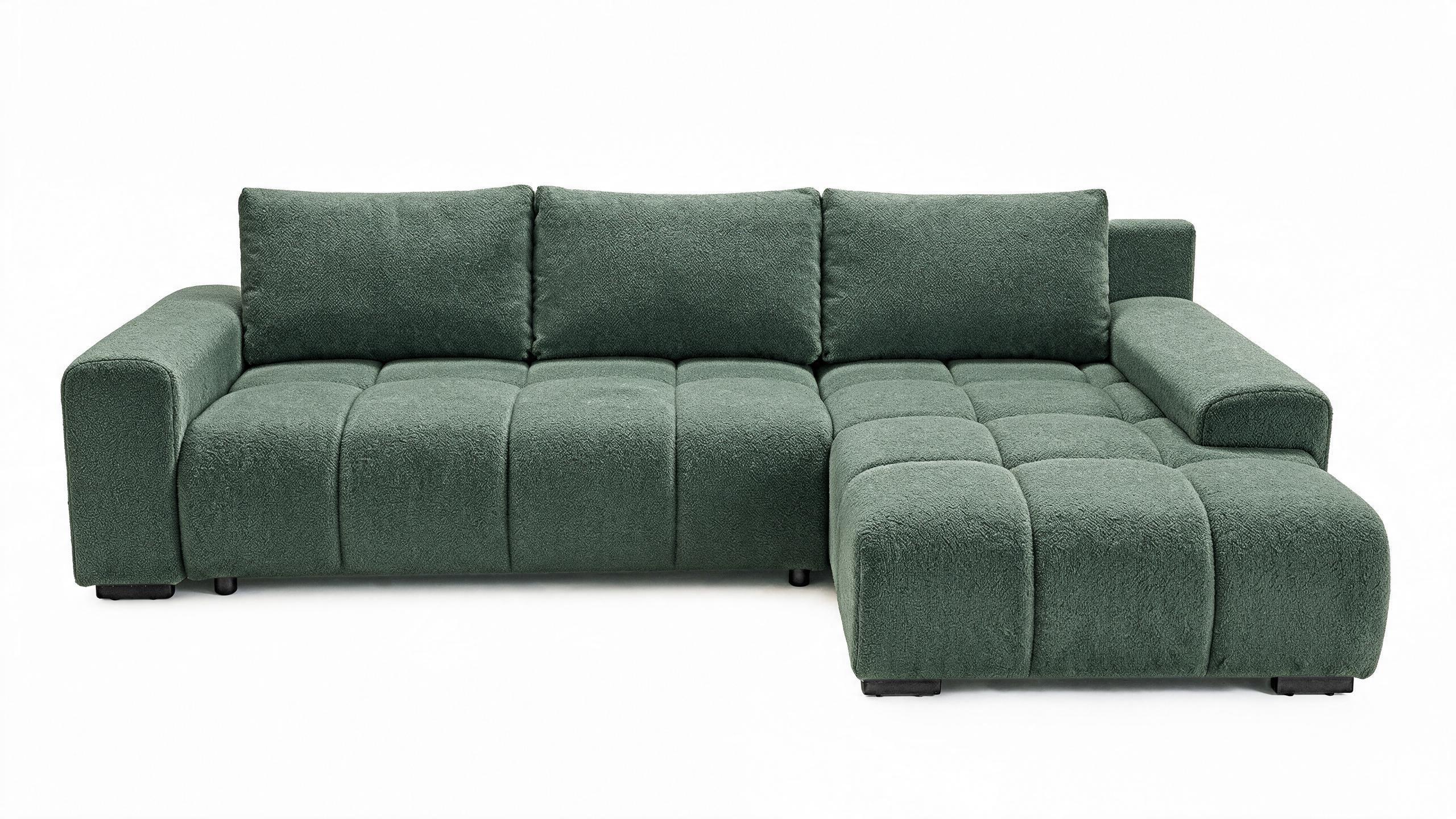 ECKSOFA Ovia mit Bettkasten und Schlaffunktion, Bouclé-Stoff in L-Form - Grün, Textil (270/185cm)