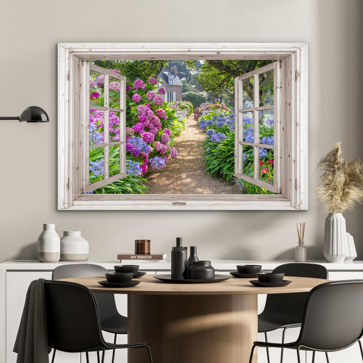 METALLBILD Hortensie - Durchsichtig - Blumen - Sommer - Lila - Weg Deko Groß 120x80 cm - Lila, Metall (120/80cm) - MuchoWow