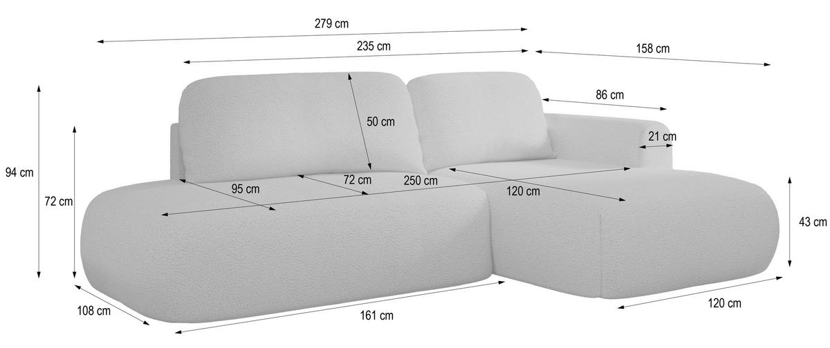 ECKSOFA NUVIRA L-S Hellgrau Boucle-Stoff mit Schlaffunktion - Hellgrau, Holz (279/158cm) - MASSENO