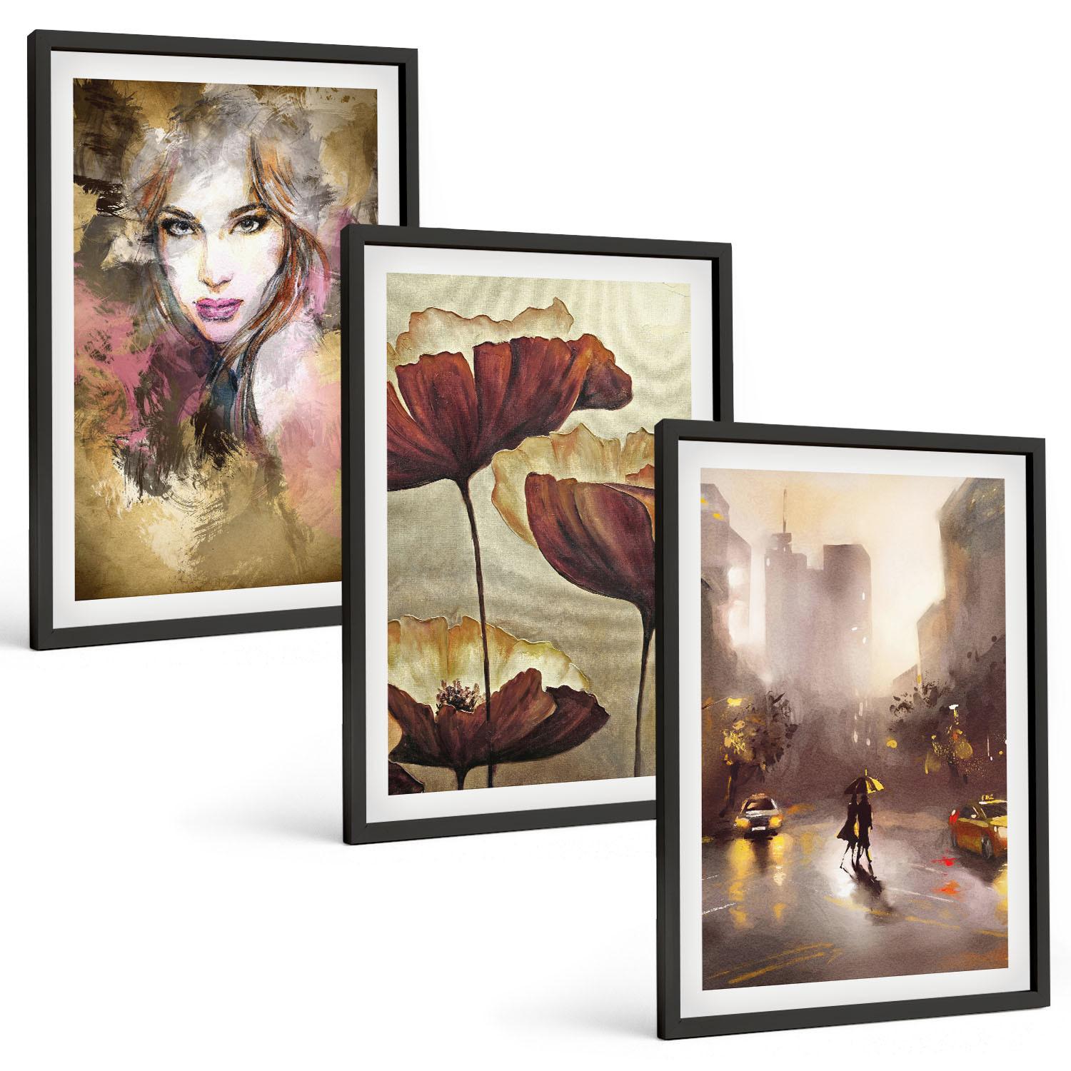 BILDER SET 3er Set - 40x60 cm Schwarzer Rahmen - Abstraktes Porträt einer Frau mit Blumen und Regen - Schwarz, Kunststoff (40/60cm) - TULUP