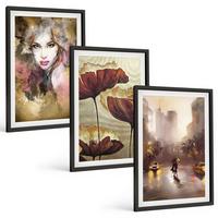 BILDER SET 3er Set - 40x60 cm Schwarzer Rahmen - Abstraktes Porträt einer Frau mit Blumen und Regen - Schwarz, Kunststoff (40/60cm) - TULUP