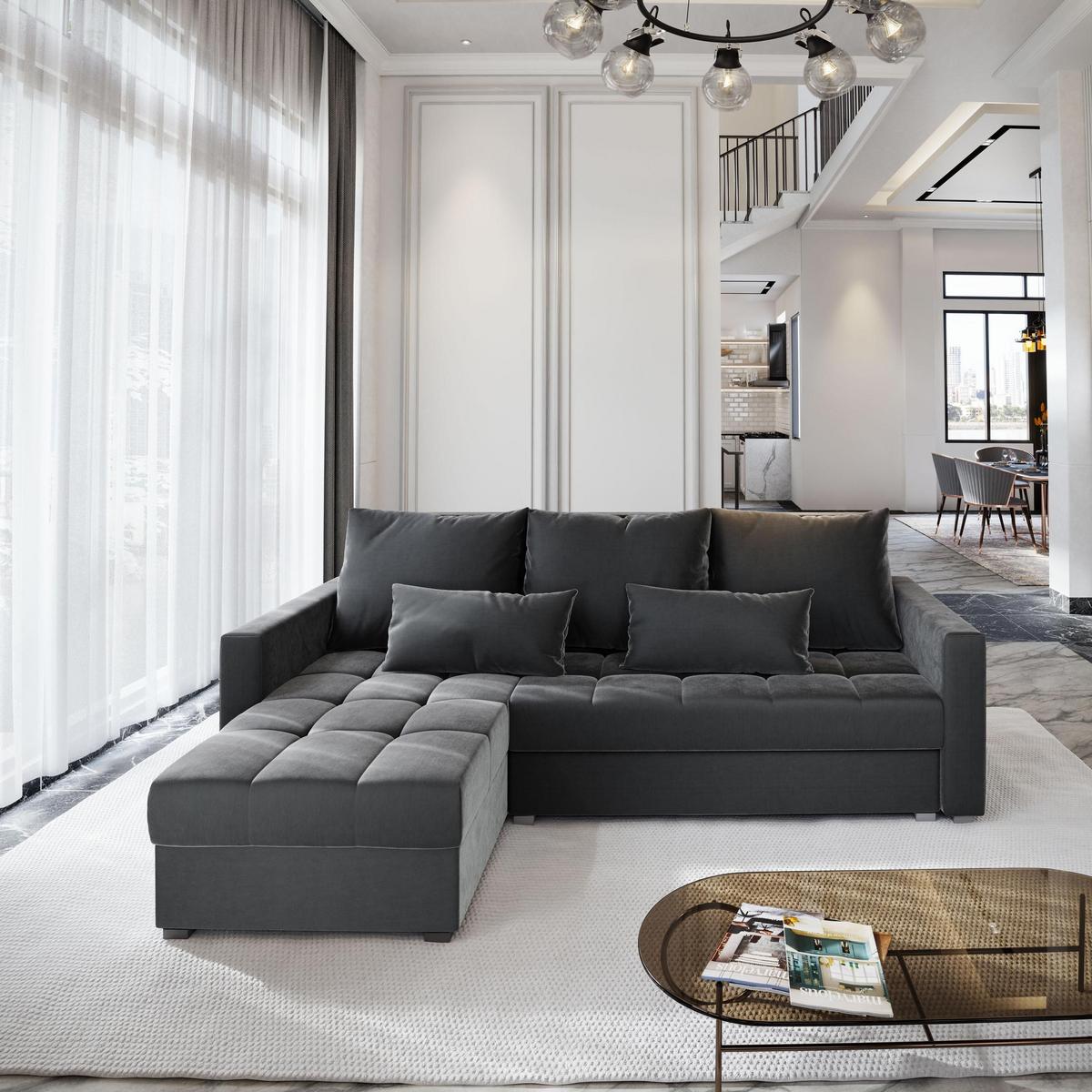 ECKSOFA KOS PIK Grau Plüsch-Stoff mit Schlaffunktion - Grau, Holz/Kunststoff (220/140cm) - MASSENO