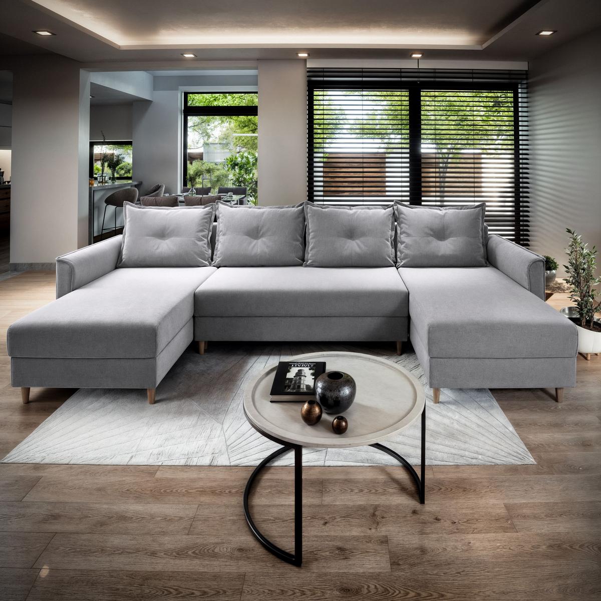 WOHNLANDSCHAFT VERNI Hellgrau Plüsch-Stoff mit Schlaffunktion - Hellgrau/Braun, Holz/Textil (285/91/143cm) - MASSENO