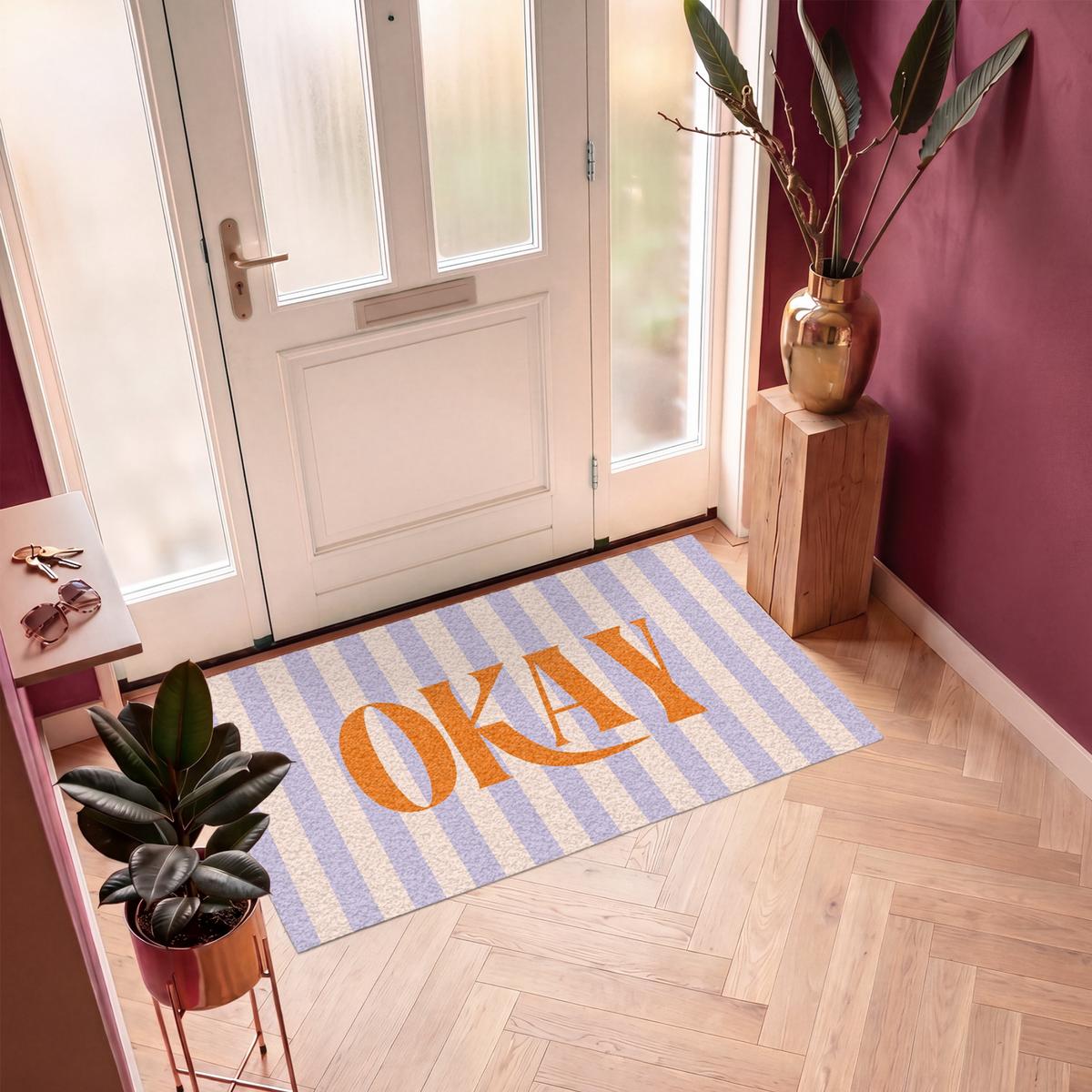 FUSSMATTE Lila – Orange – Streifen – Okay 150x90 cm - Flieder, Kunststoff (150/0.4cm) - MuchoWow