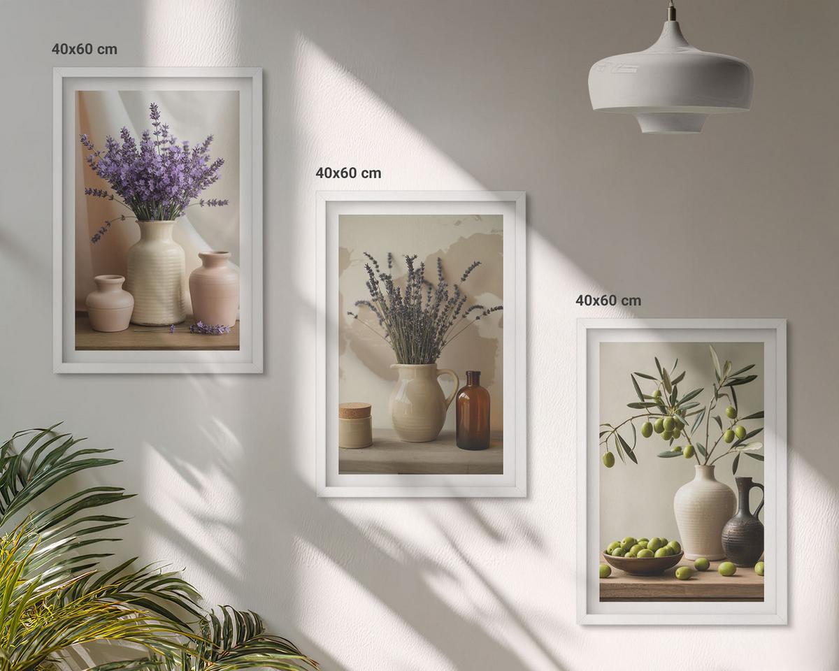 BILDER SET 3er Set - 40x60 cm Weißer Rahmen - Lavendelblüten, Oliven, Gefäße - Weiß, Kunststoff (40/60cm) - TULUP
