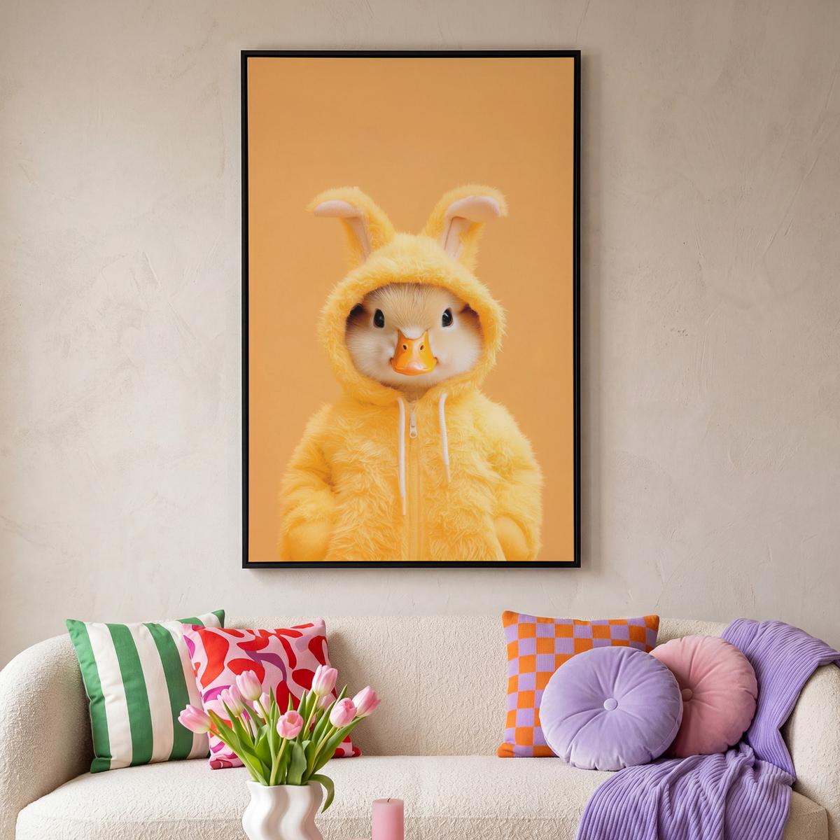 LEINWAND Bilder mit Rahmen - Osterhase - Kostüm - Ente - 80x120 - Gelb, Textil (80/120cm) - MuchoWow
