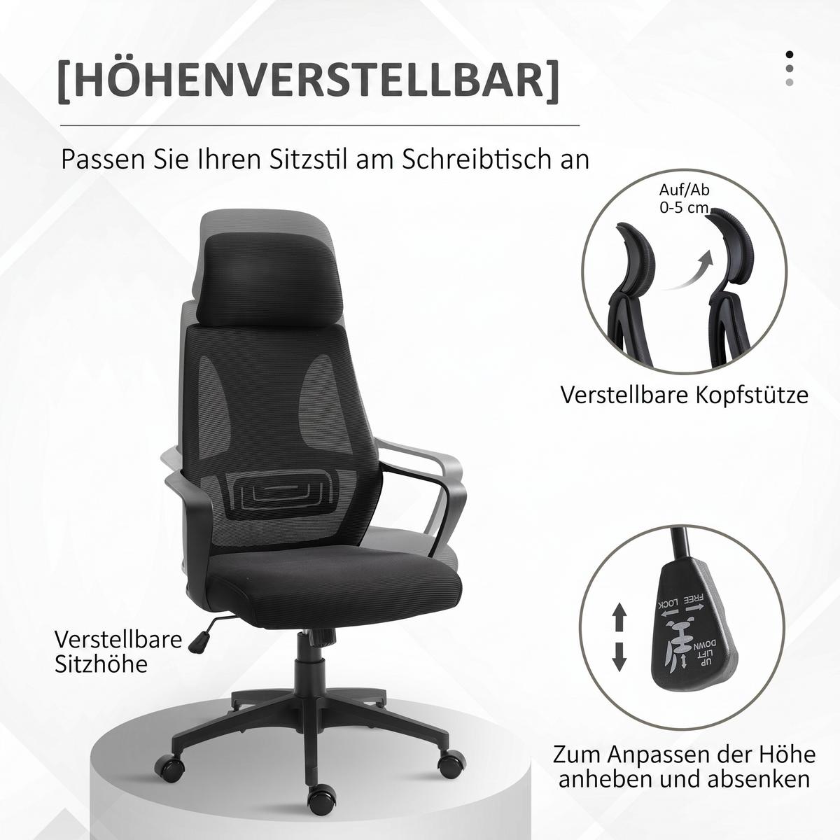 BÜROSTUHL Polyester Schaumstoff Schwarz - Schwarz, Kunststoff (55/126/64cm) - Vinsetto
