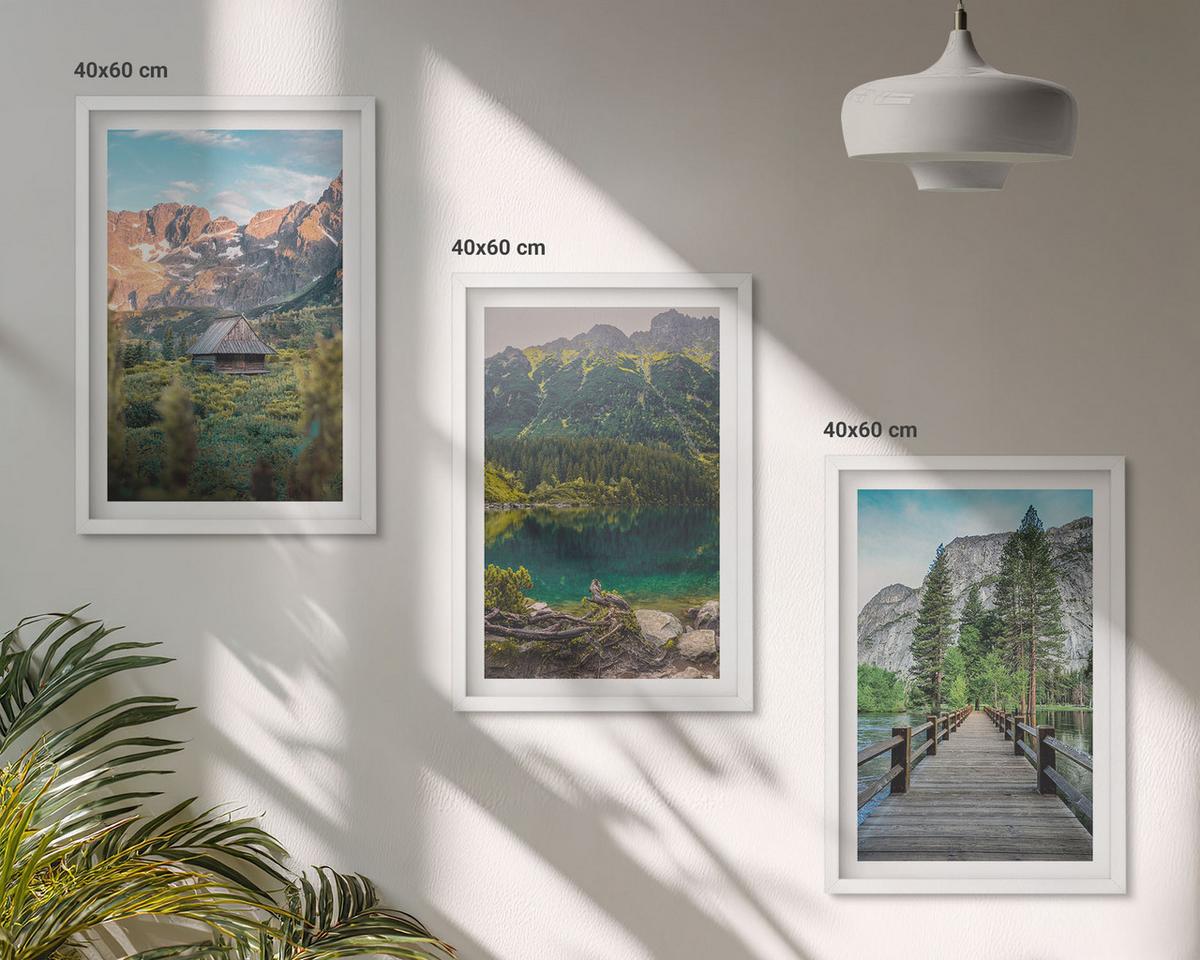 BILDER SET 3er Set - 40x60 cm Weißer Rahmen - Berglandschaft See Brücke - Weiß, Kunststoff (40/60cm) - TULUP