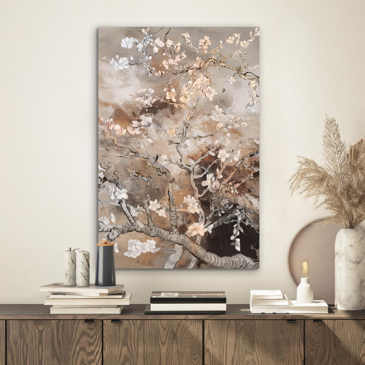 METALLBILD Mandelblüte - Kunst - Van Gogh - Beige - Abstrakt Deko Schlafzimmer 40x60 cm - Braun, Metall (40/60cm) - MuchoWow