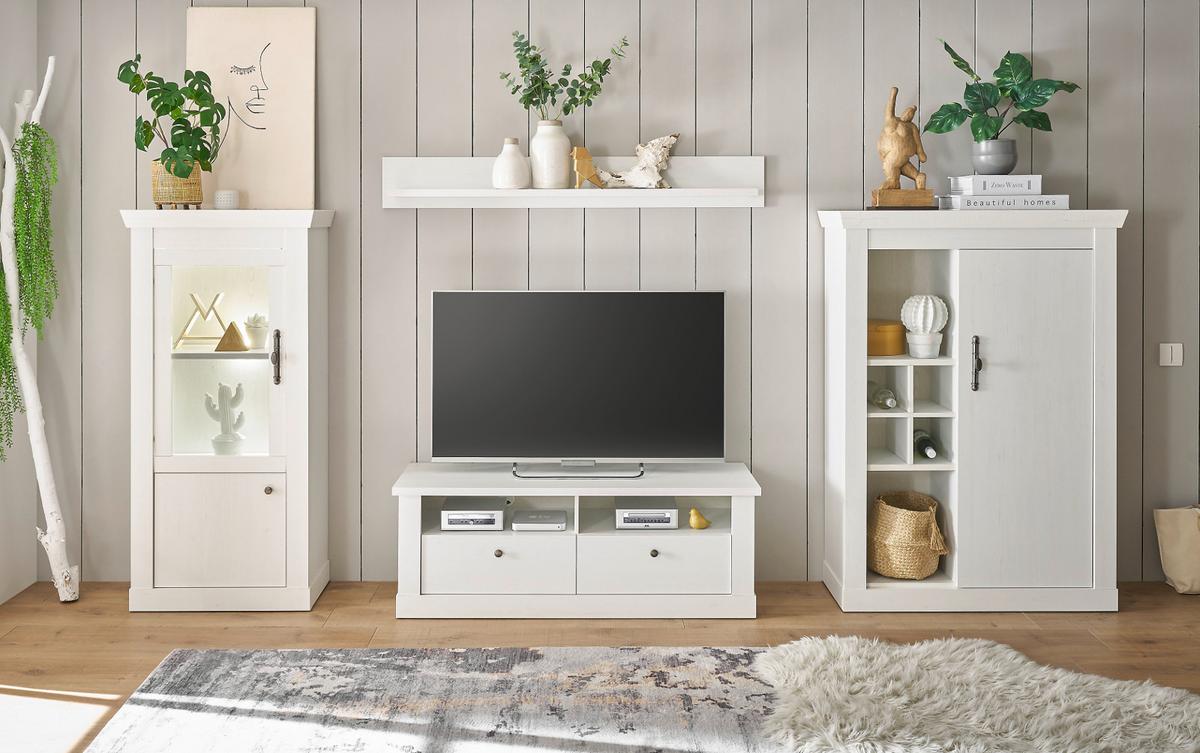 TV-LOWBOARD weiß Pinie Landhaus, TV Unterteil 132 cm, Soft-Close-Funktion - Weiß, Holzwerkstoff/Kunststoff (135/51/45cm) - Furn.Design