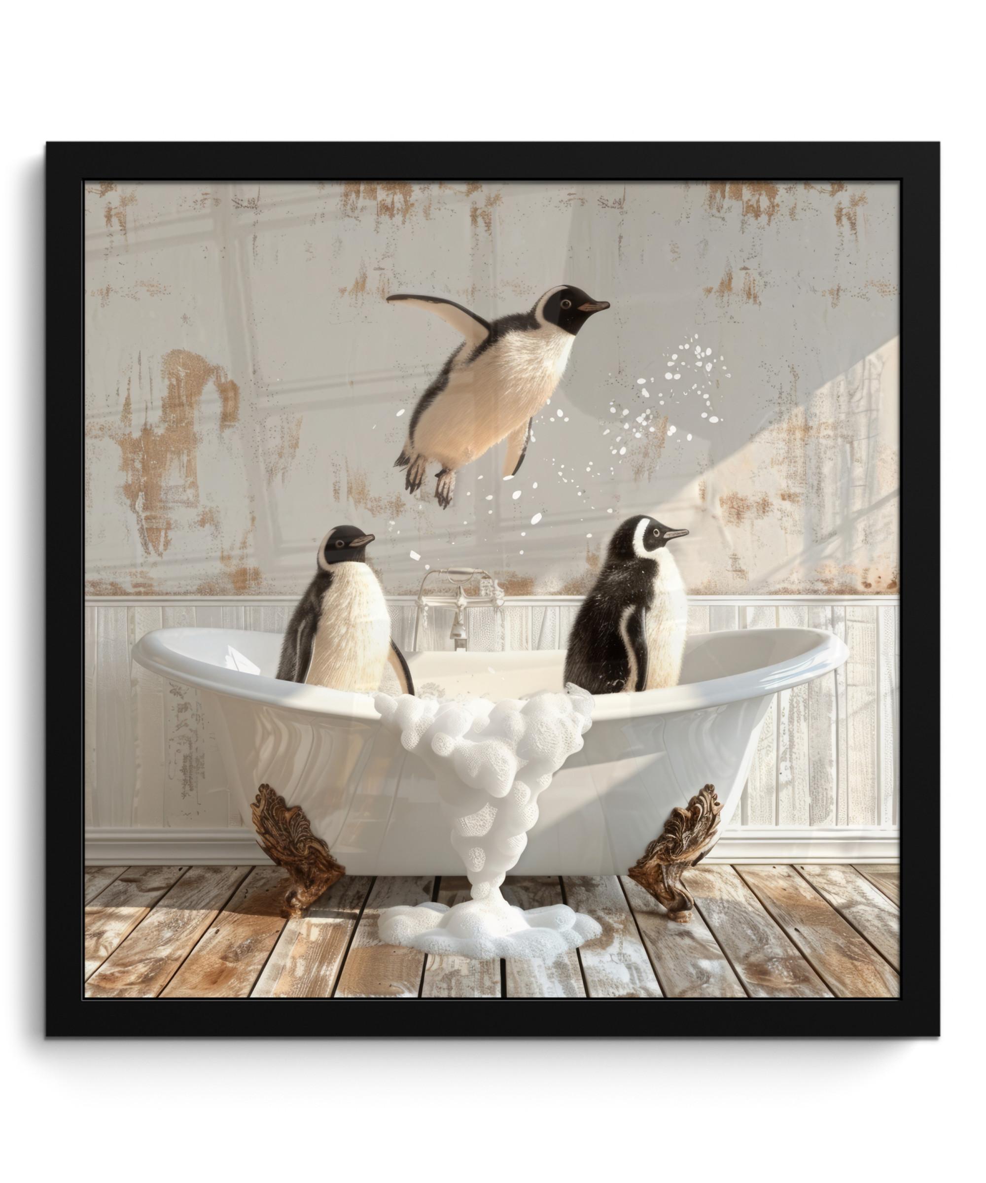 POSTER MIT RAHMEN Vintage - Pinguin - Badewanne - Schaumstoff 40x40 cm - Schwarz, Papier (40/40cm) - MuchoWow