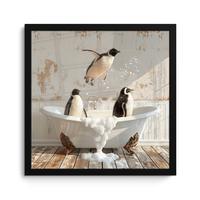 POSTER MIT RAHMENGERAHMTES BILD Vintage - Pinguin - Badewanne - Schaumstoff 40x40 cm - Schwarz, Papier (40/40cm) - MuchoWow