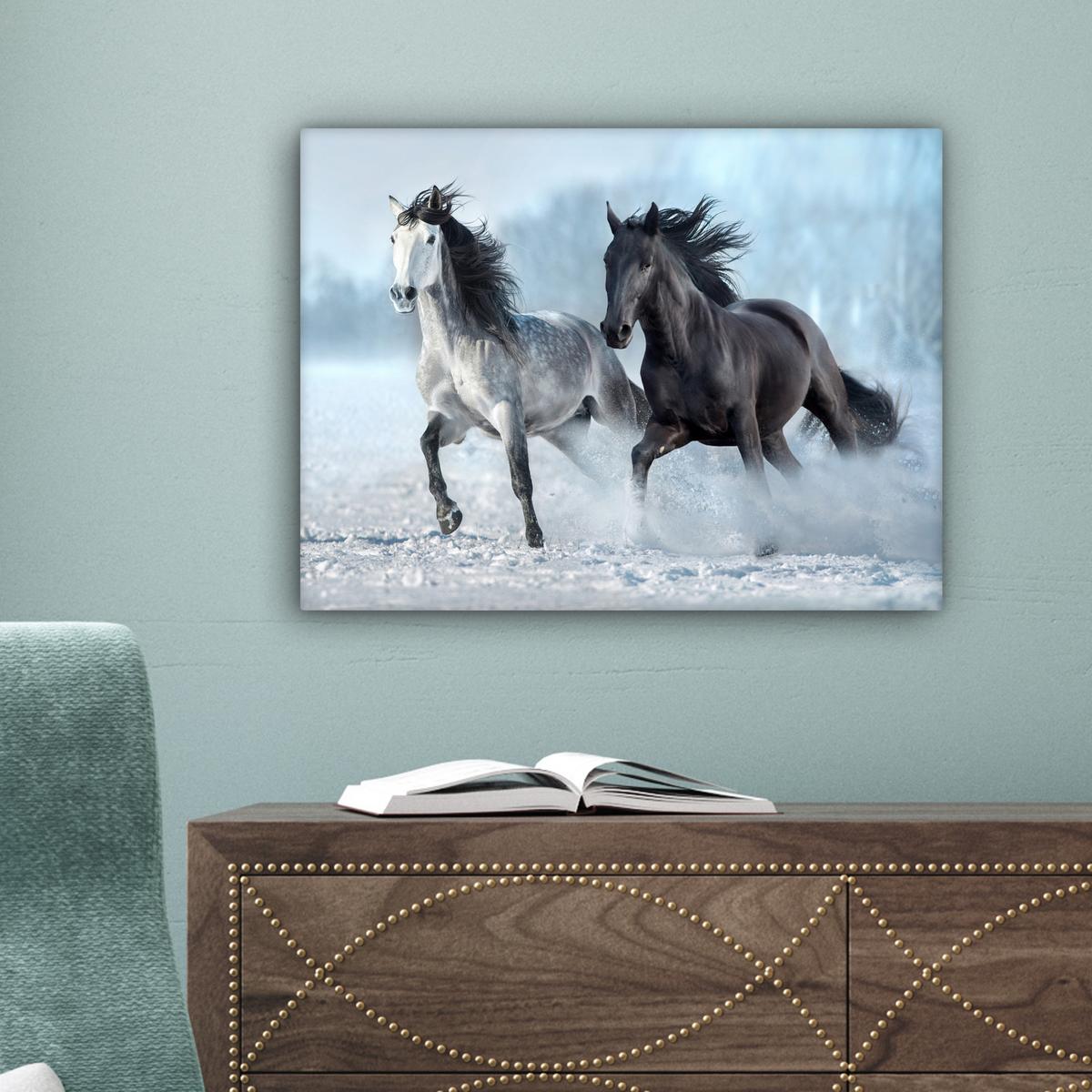 LEINWANDBILD Pferde - Winter - Tiere - Natur - Schnee Wandbild 40x30 cm - Anthrazit, Textil (40/30cm) - MuchoWow