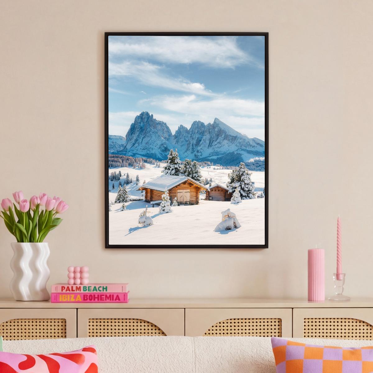 LEINWAND Bilder mit Rahmen - Winter - Hütte - Berge - Aussicht - Schnee - 70x100 - Eichefarben, Textil (70/100cm) - MuchoWow