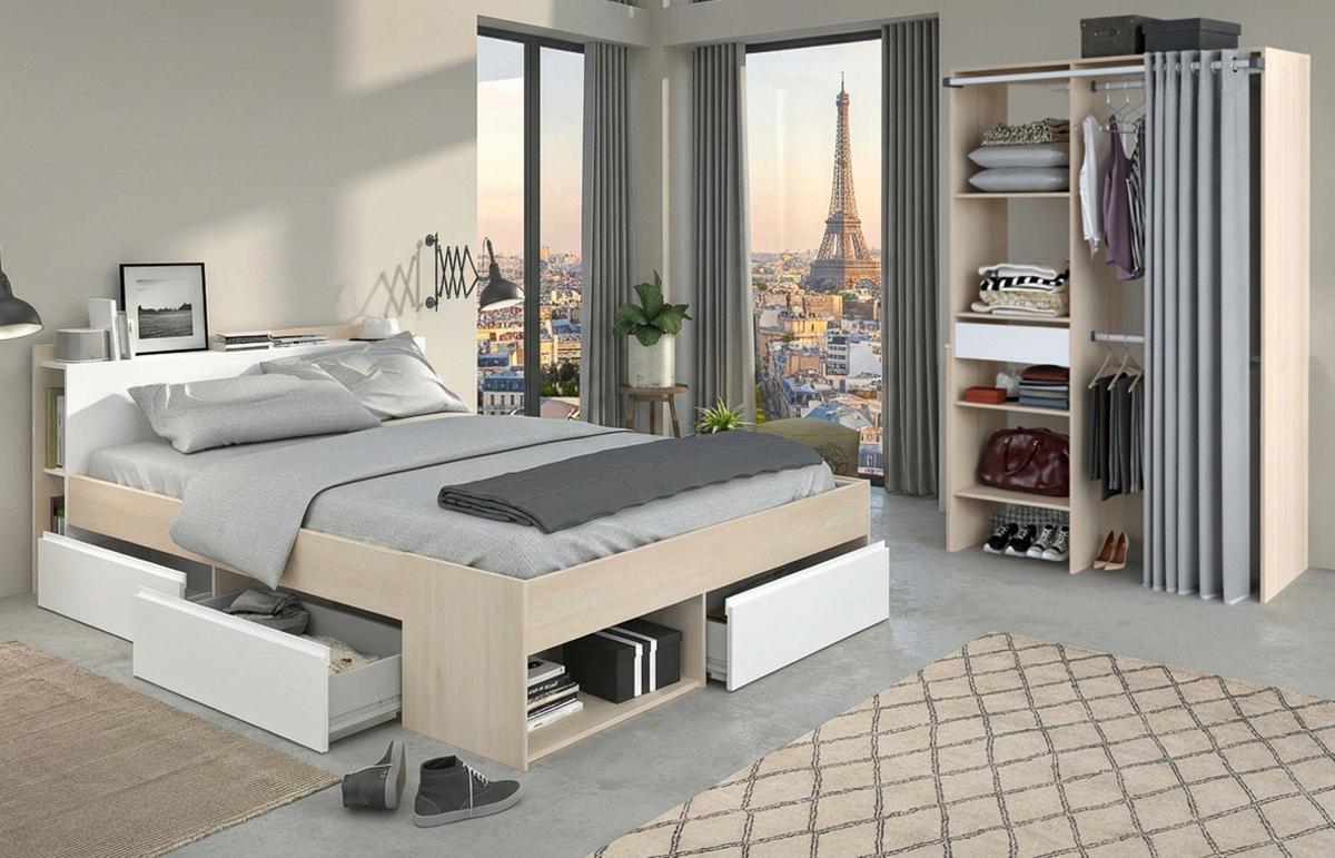 SCHLAFZIMMER-SET 2-teilig Akazie, weiß, Komplettset mit Stauraumbett (140 cm) und Kleiderschrank - Weiß/Akaziefarben, Holzwerkstoff (150/182/220cm) - Parisot Meuble