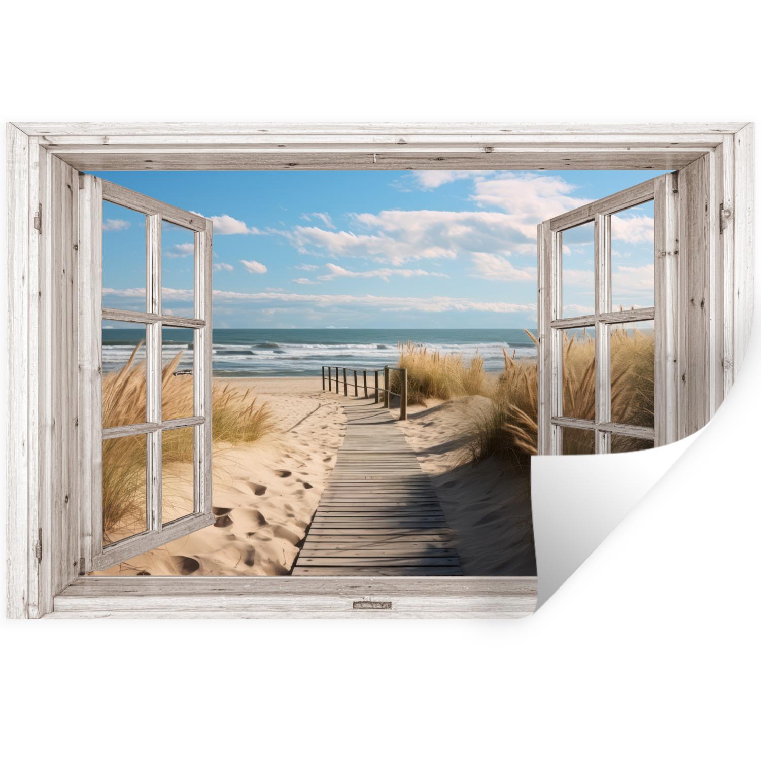 WANDTATTOO Fenster - Meer - Küste - Natur - Ausblick - Strand - Wattenmeer Deko Wohnzimmer 60x40 cm - Beige, Kunststoff (60/40/0.1cm) - MuchoWow