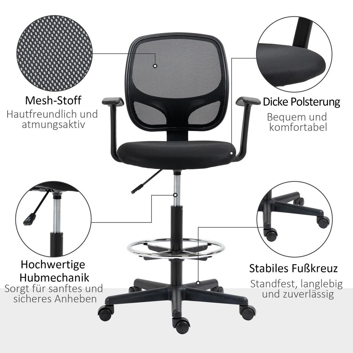 ARBEITSSTUHL Mesh Zeichenstuhl 360° Bürostuhl mit Fußring höhenverstellbar - Schwarz, Kunststoff/Textil (56/132/60cm) - Vinsetto