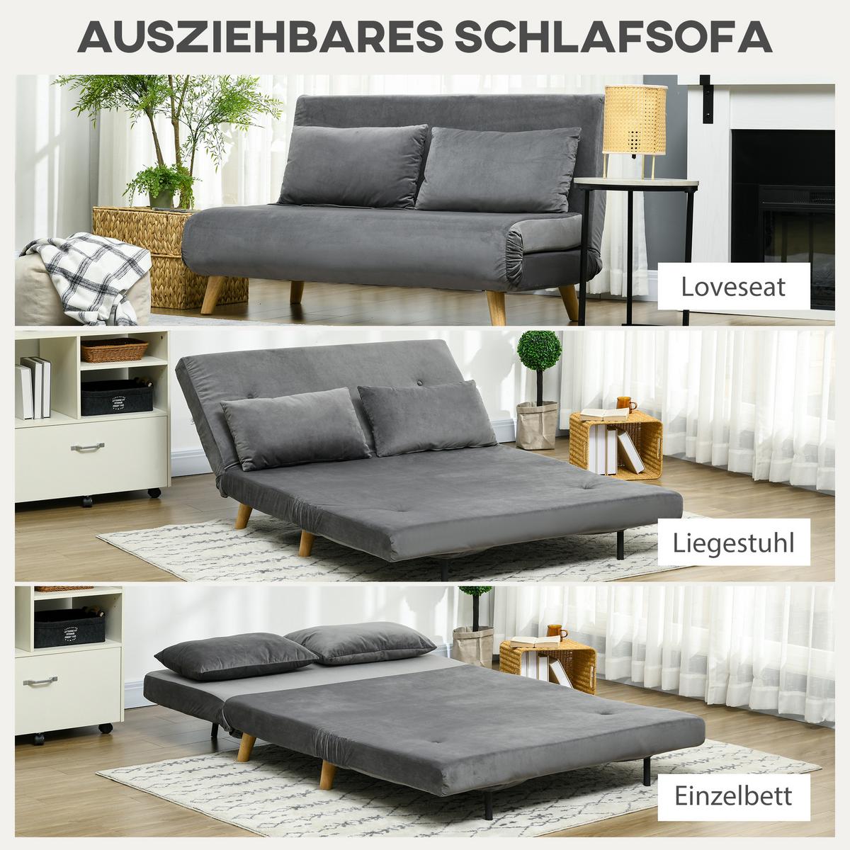 SCHLAFSOFA 2-Sitzer Sofa mit Bettfunktion Klappsofa mit verstellbare Rückenlehne - Naturfarben/Grau, Holz/Textil (78/79/130cm) - HOMCOM