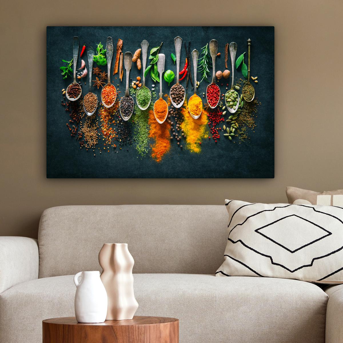 LEINWANDBILD Kräuter - Gewürze - Löffel XXL 150x100 cm - Currygelb, Textil (150/100cm) - MuchoWow