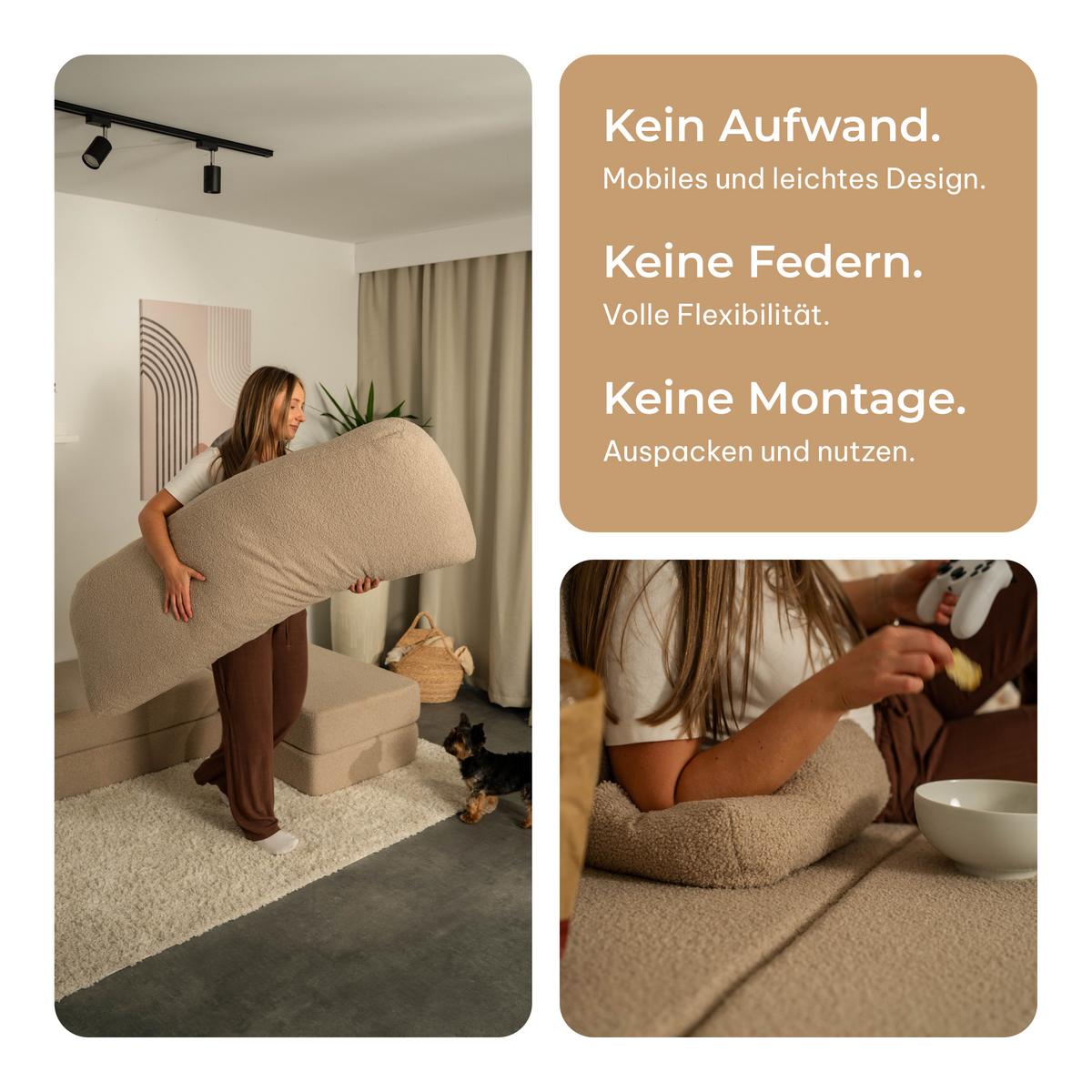 ECKSOFA SABI modulares Boneless Sofa mit Schlaffunktion Hellgrau Boucle-Stoff - Hellgrau, Textil (200/120cm) - MASSENO