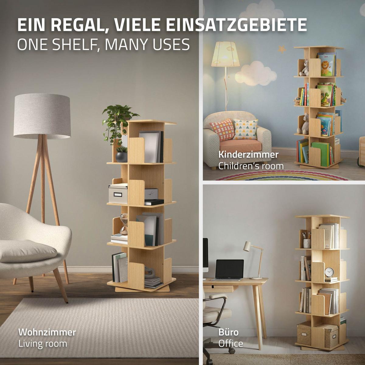 BÜCHERREGAL Kinder mit 4 Ebenen Eiche 40x124,5x40 cm Drehbar 360 Grad - Beige, Holzwerkstoff (40/124.5/40cm) - ML-DESIGN