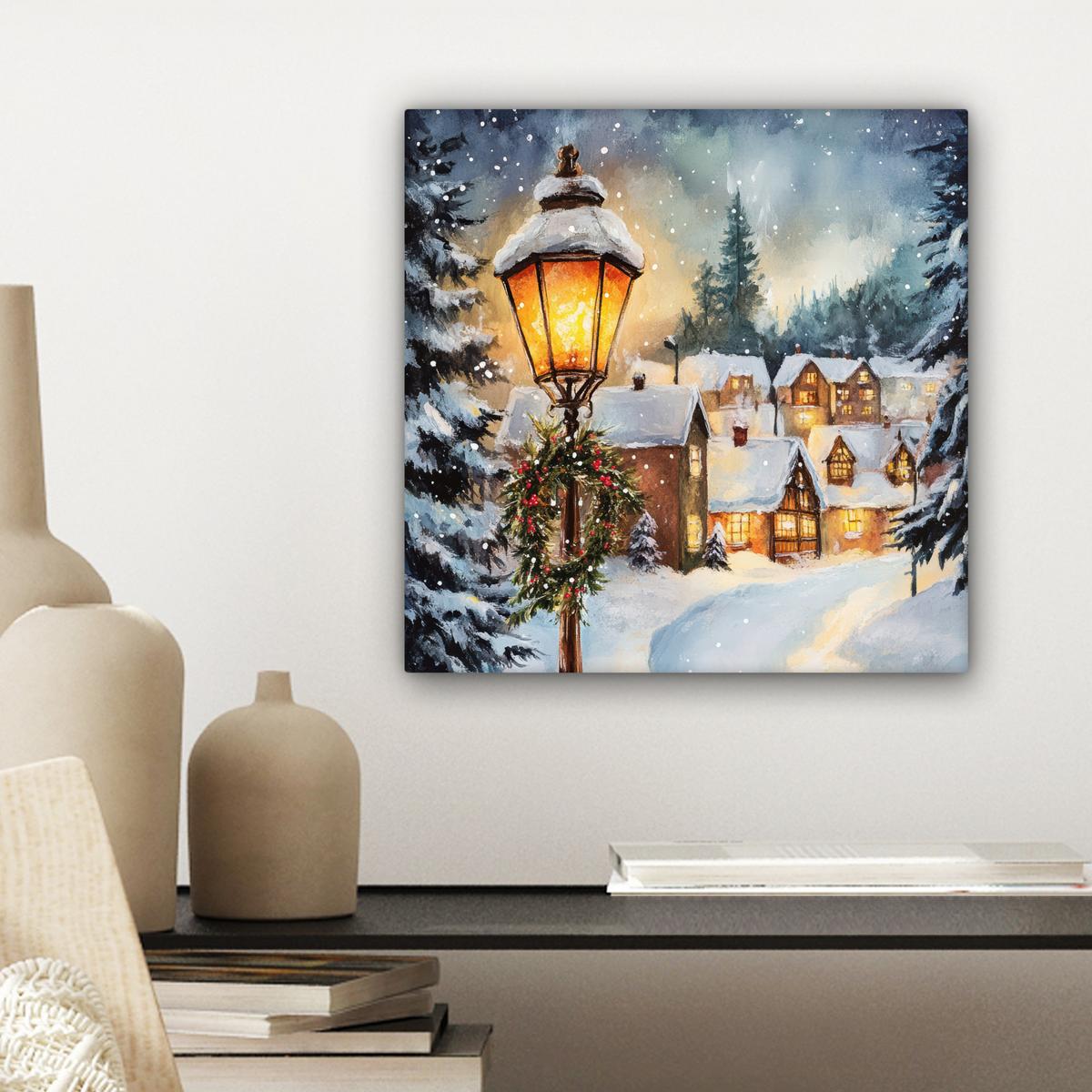LEINWANDBILD Weihnachtsdorf - Häuser - Schnee - Weihnachten Deko Wohnzimmer 20x20 cm - Sandfarben, Textil (20/20cm) - MuchoWow