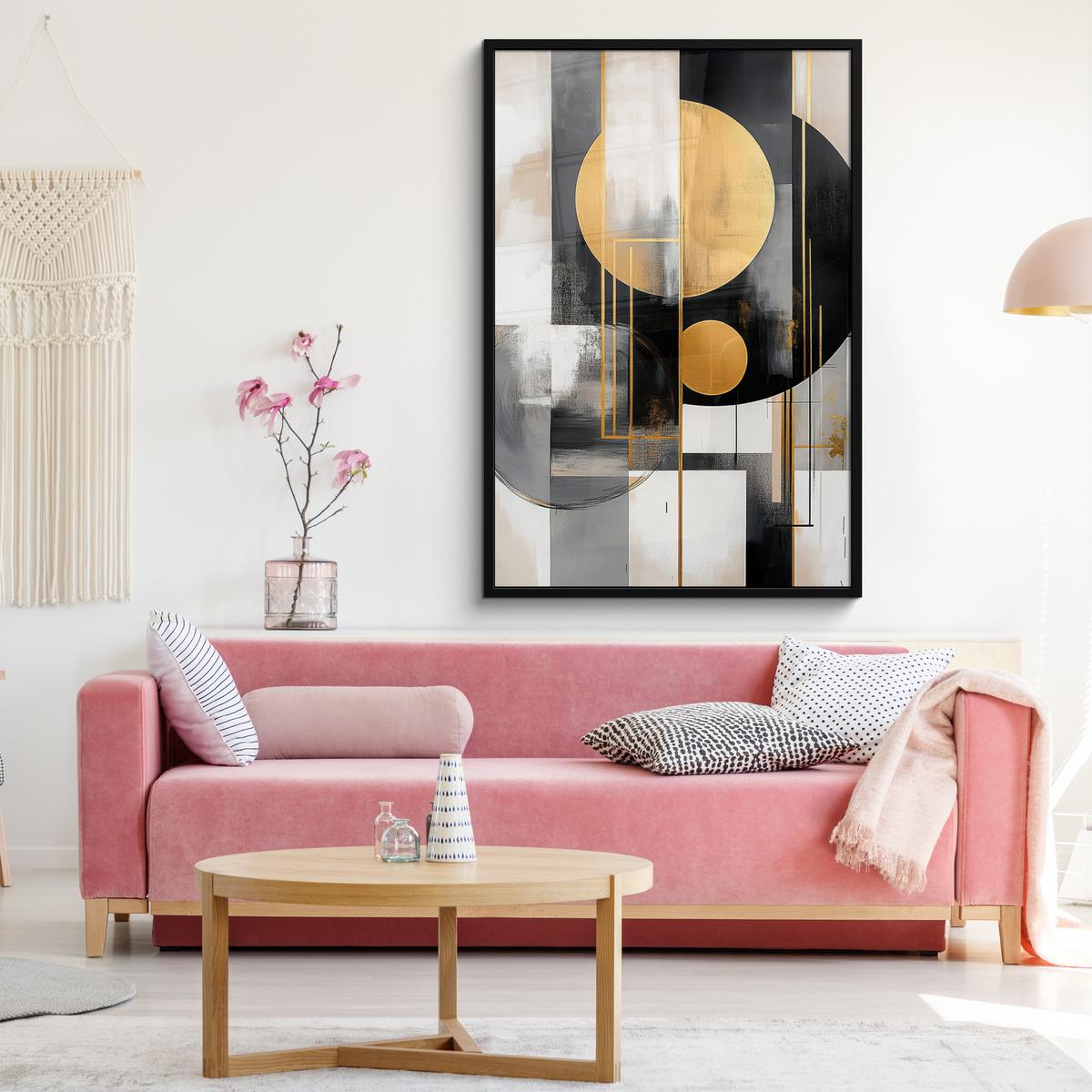 POSTER MIT RAHMEN Abstrakt - Gold - Silber - Formen - Ästhetisch - Modern Bilderleiste 80x120 cm - Goldfarben, Papier (80/120cm) - MuchoWow