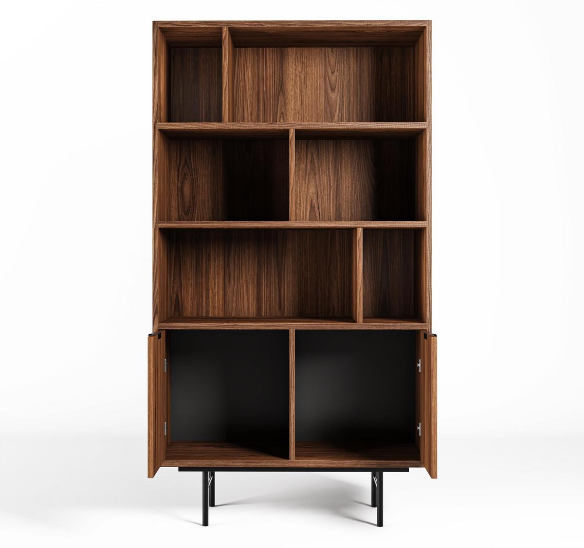 REGAL Nordiva 2T Warmia Walnut 90/185/35 cm – Offene Fächer - Walnussfarben/Schwarz, Holzwerkstoff/Metall (90/185/35cm) - AX Living