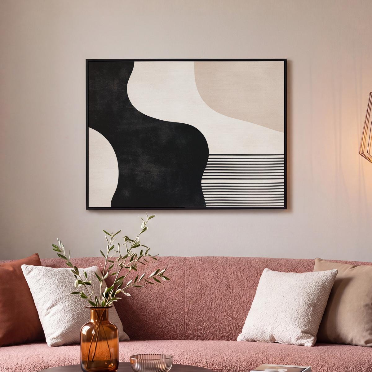 LEINWAND Bilder mit Rahmen - Abstrakt - Japandi - Beige - Modern - 80x60 - Schwarz, Textil (80/60cm) - MuchoWow